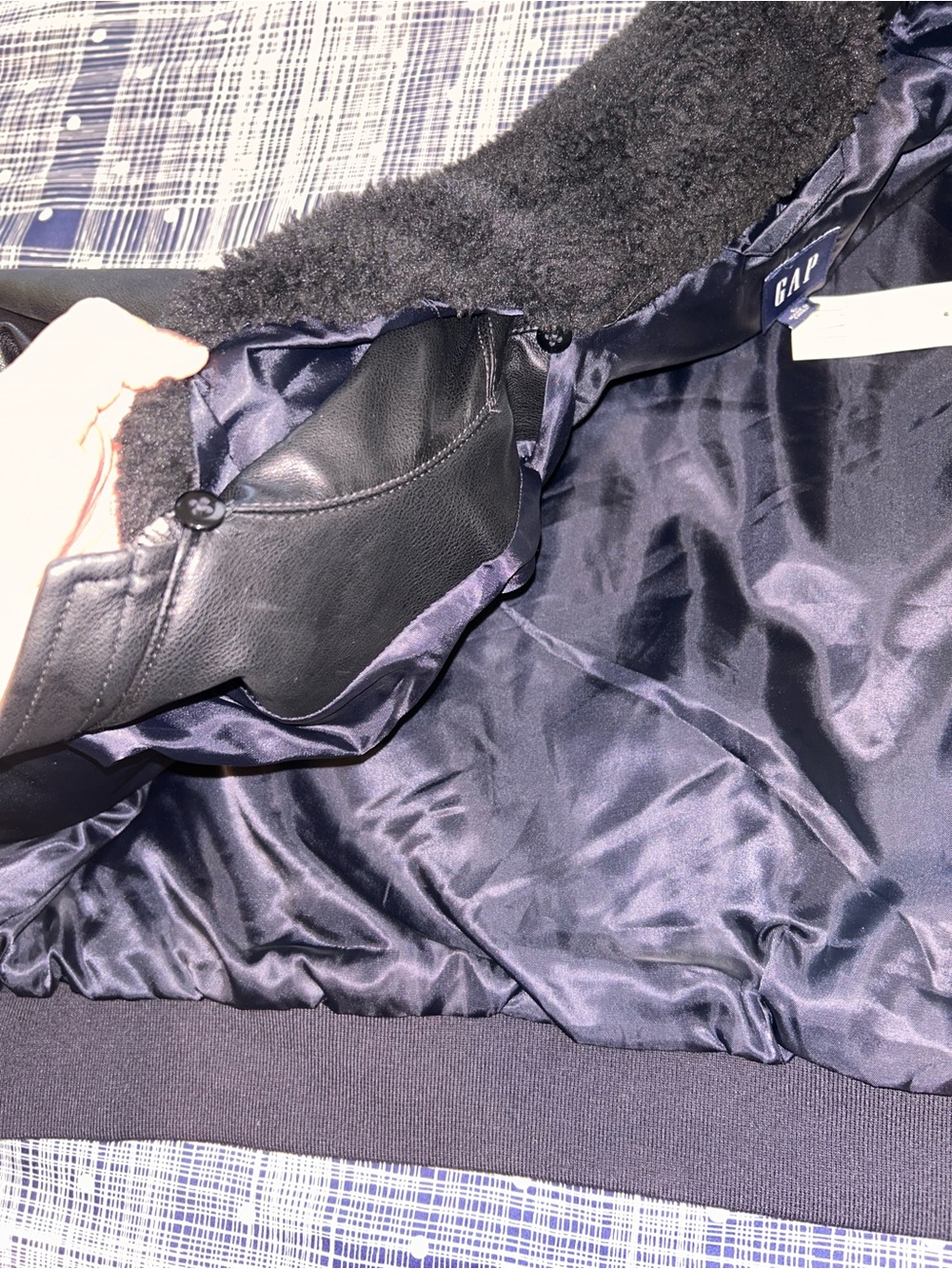 GAP Black Vegan Leather Flight Jacket with Shearling Collar - Picture 12 of 16